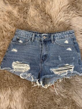 Boutique Classic Distressed Denim Shorts - Blue